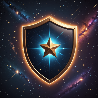 Stylized shield icon with soft glow and subtle galaxy elements; modern flat-3D blend; friendly and trustworthy; no text. --ar 1:1